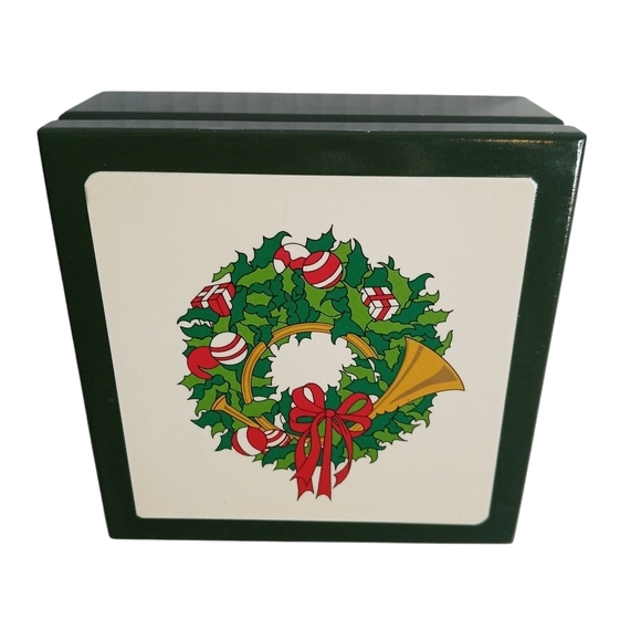 Set of 4 Vintage Christmas Coasters Fox Hunting French Horn in a Wooden Box - Picture 7 of 13
